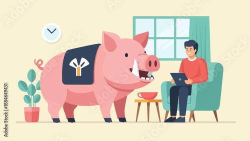 A man sits in a chair with a tablet while a large pink pig stands near a plant