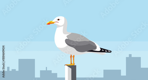 A seagull perched on a pole, Laridae family, with cityscape and clear blue sky, camaraderie with urban landscape