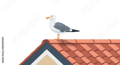 A seagull, specifically a Laridae, perched atop a terracotta roof, showcasing a camaraderie with its surroundings.