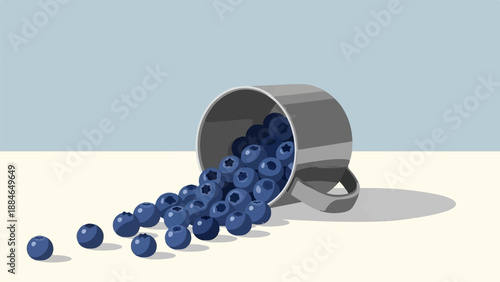 A metal cup tipped over, spilling a pile of fresh blueberries onto a surface