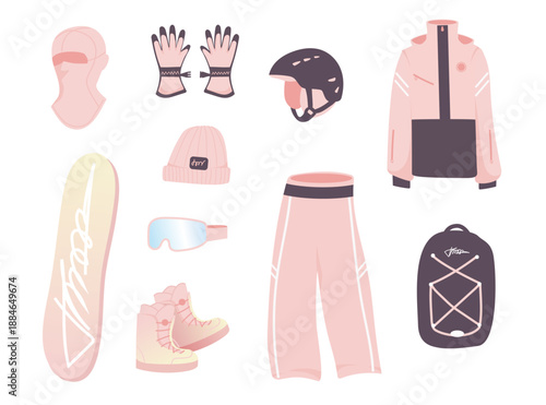 Snowboard gear and winter sport accessories with a helmet and hat for outdoor fun or a holiday.