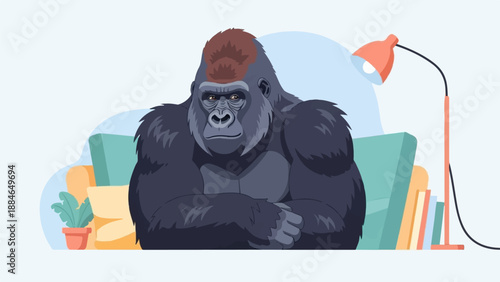 A pensive gorilla sits comfortably on a sofa next to books and a plant