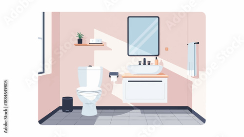 A minimalist bathroom with a toilet, sink, mirror, and towel rack