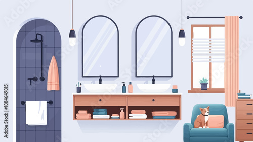 A minimalist bathroom with a shower, double vanity, window, and a dog sitting in a chair