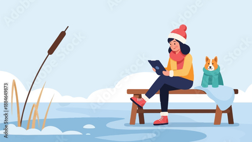 A person and dog sit on a bench on ice, a cattail stands nearby