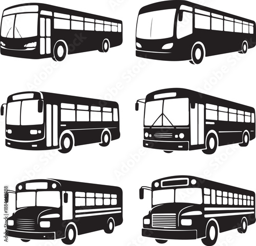 Set of six different black bus silhouettes on white background