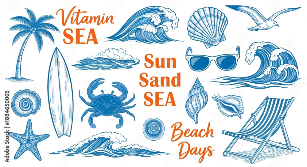 Fototapeta premium Hand Drawn Surfboard and Ocean Wave Graphics: Tropical Quote Illustrations