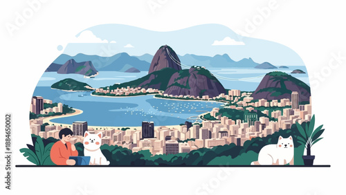 A person and two cats enjoy a scenic view of a bay city and mountains