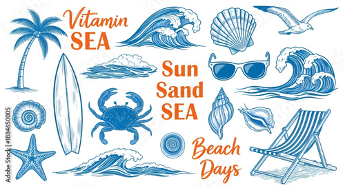 Hand Drawn Surfboard and Ocean Wave Graphics: Tropical Quote Illustrations