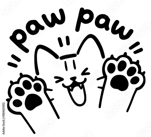cute cartoon cat with raised paws and smiling face, playful paw paw text illustration, fun happy animal character isolated on white background.