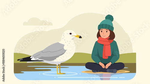 A person bundled up in winter clothes sits peacefully by the water near a seagull
