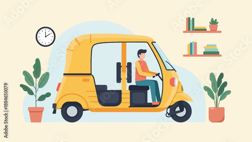 A person drives a yellow auto rickshaw beside potted plants and shelves of books