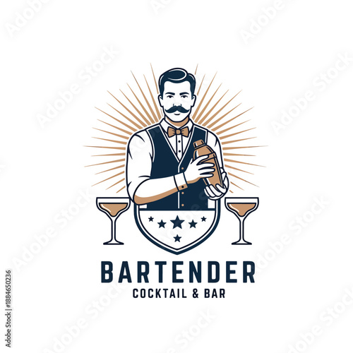 Classic Professional Bartender Logo Illustration with Cocktail Shaker and Glasses for Bar
