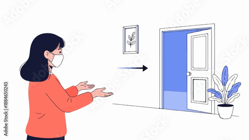 A person in a mask opens their arms towards an open door