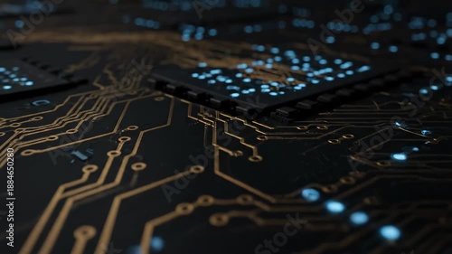 Wallpaper Mural Gold circuit board closeup glowing blue LEDs highlight intricate printed pathway traces conveying futuristic electronic connectivity and precision Torontodigital.ca