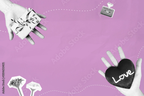 Halftone hands exchanging gift and love heart. Valentine's Day concept with copy space.