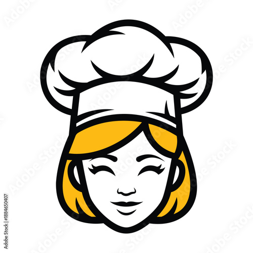 Smiling female chef logo vector illustration with hat and blonde hair.