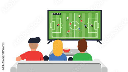 Three people viewed from behind watching a football match on a large television, depicting shared entertainment and sports viewing.