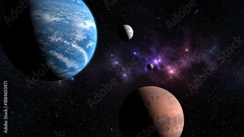Wallpaper Mural Blue and brown planets and rocky blue planet align with moons while distant nebula, starfield, asteroid belt and galaxy create serene dramatic space Torontodigital.ca