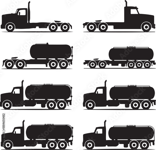 Silhouette of various tanker trucks on white background