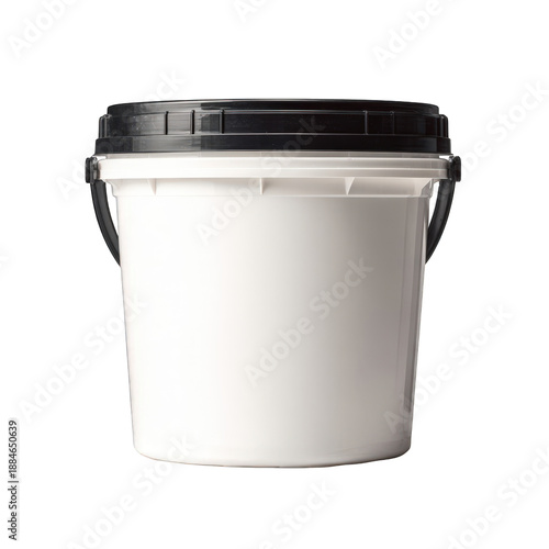White plastic bucket with black lid isolated on transparent background