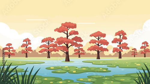 A serene, pixelated wetland scene with red-leaved trees and lily pads