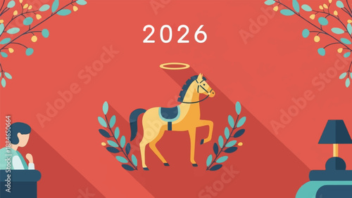 A serene scene with a golden horse, a halo, branches, a person praying, and a lamp