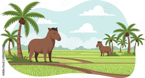 A serene tropical landscape with two brown horses near rice paddies and palm trees