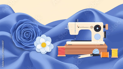 A sewing machine rests on a wooden stand surrounded by fabric, threads, and flowers