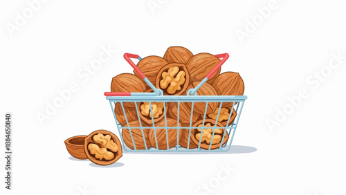 A shopping basket overflows with whole and halved walnuts