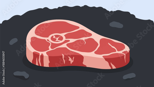 A raw steak lies on a dark, textured surface with a blue background