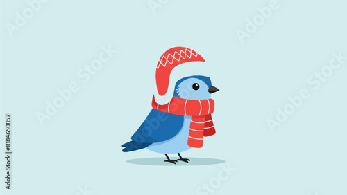 A small blue bird wears a red winter hat and scarf