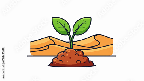 A small green sprout emerges from rich soil against a backdrop of sand dunes