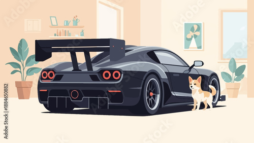 A small dog poses beside a sleek, dark sports car indoors