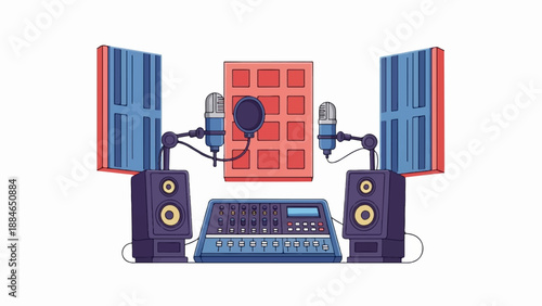 A recording studio setup with microphones, speakers, and a mixer