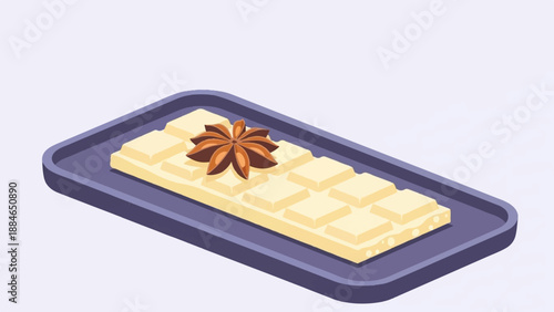 A rectangular bar of light yellow chocolate on a purple tray with anise