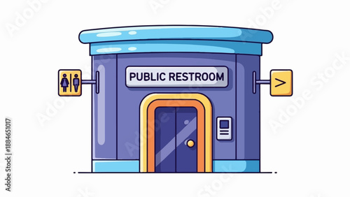 A simple, colorful cartoon illustration of a public restroom building