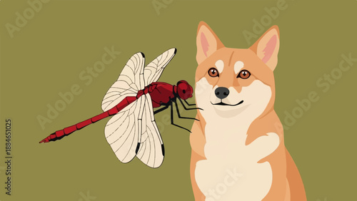 A red dragonfly flies near a smiling dog with tan fur