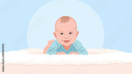 A smiling baby lies on its stomach on a fluffy white surface