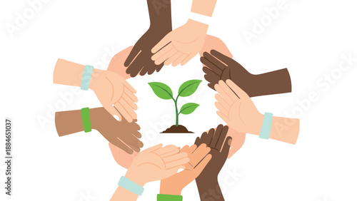 Diverse hands forming a protective circle around a small green plant, symbolizing environmental protection, sustainability, and teamwork for nature.