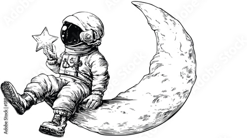 Young Astronaut Sitting on Crescent Moon Holding Stars - Exploration Adventure Concept