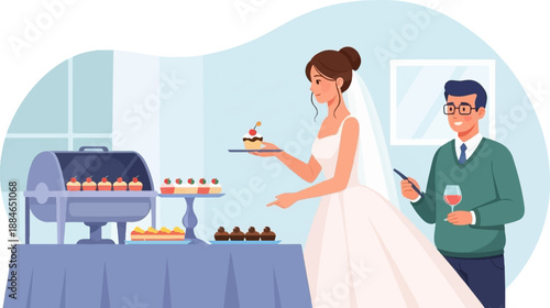 A smiling bride offers a cupcake to a man holding wine
