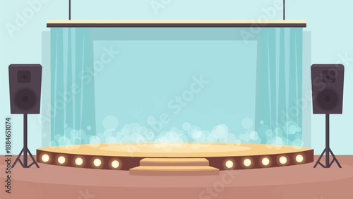 A simple, flat illustration of a stage with curtains and speakers