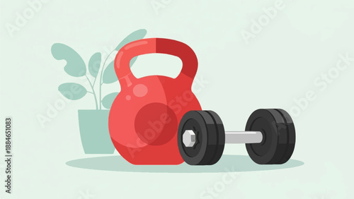 A red kettlebell sits beside a barbell with black weights, beside a plant