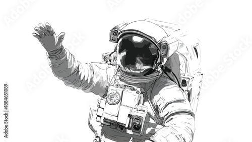 Young Astronaut Waving on White Vector Outline Isolated