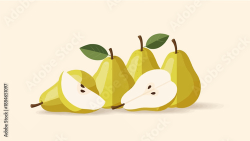 A simple, flat illustration of four yellow pears, two whole and two halved