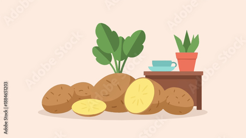 A simple illustration of potatoes with greens and a potted plant