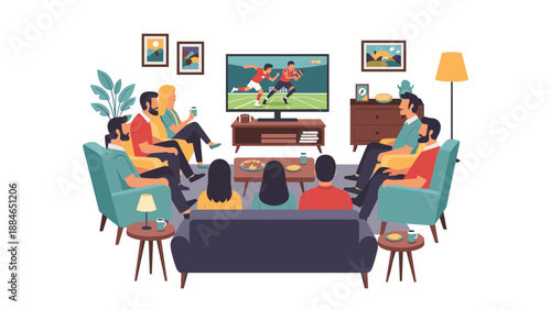 Large group of friends and family gathered in a cozy living room, watching a football game on television, symbolizing social entertainment.
