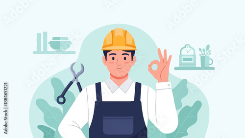 A smiling repairman in overalls and hard hat gives an okay hand gesture