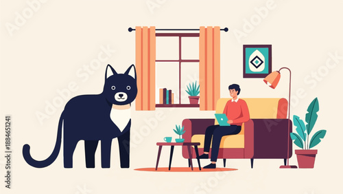 A person works on a laptop in a cozy room with a cat and plants